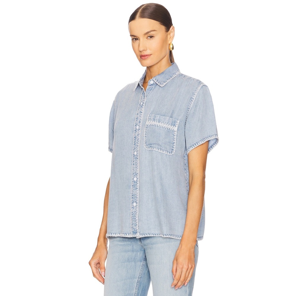 Rails Lea Denim Shirt L Short Sleeve Blanket Stitch Blue Medium Cloud Wash